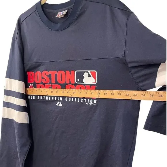 Vintage MLB Boston Red Sox Men's L Long Sleeve Warm Up Baseball Jersey Navy Blue - Picture 3 of 6